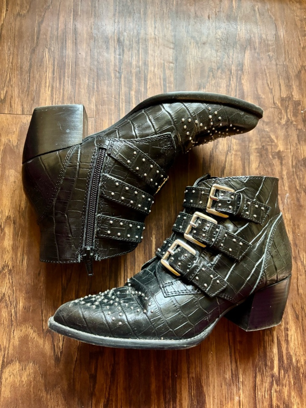 Aldo Black Studded Pointed Leather Ankle Boots with Triple Buckles - Picture 3 of 5
